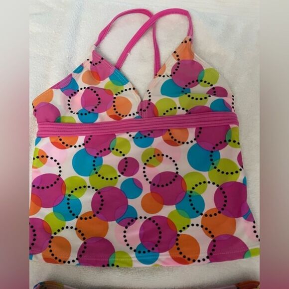 Girls medium (7/8) Xhileration pink with yellow, blue, green circles tankini - Picture 2 of 12